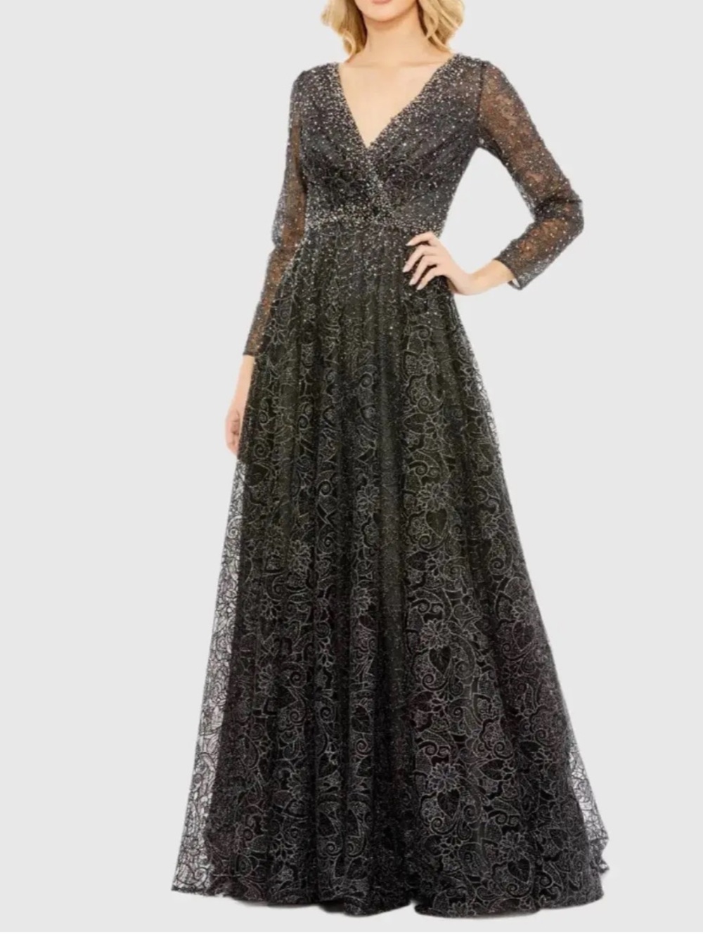 NWOT Mac Duggal black embellished and glitter ball gown.